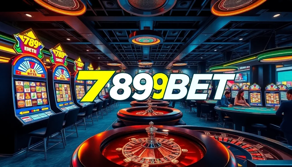 Experience thrilling online gambling at 789BET with vibrant tables, spinning slots, and lively players.