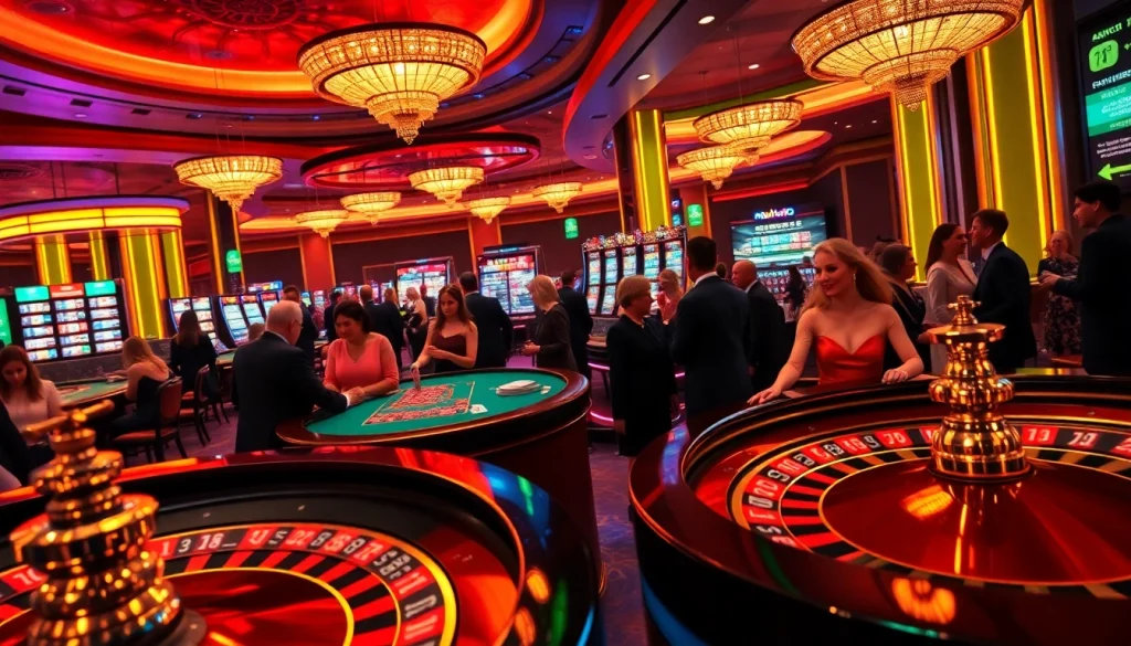 Nohu90 betting action at a lively casino featuring vibrant slot machines and roulette wheels.