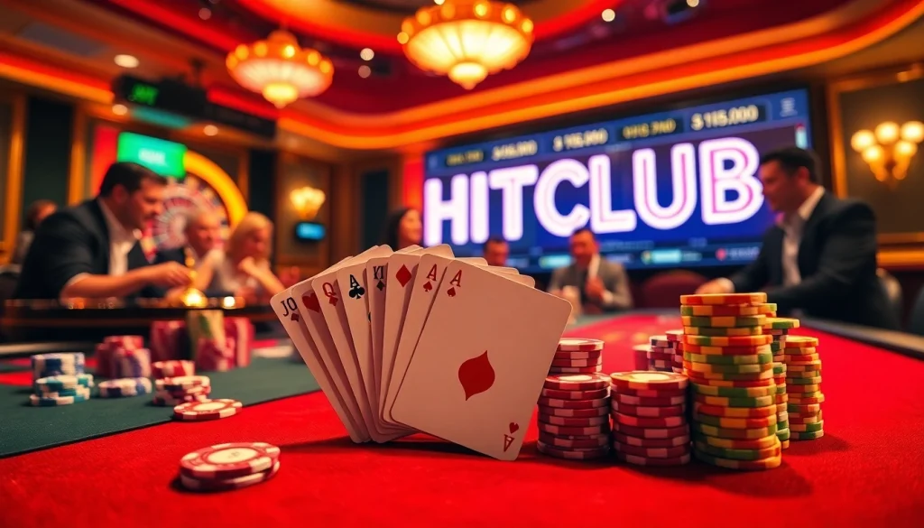 HITCLUB poker players excitedly reveal winning hands at a vibrant casino table.
