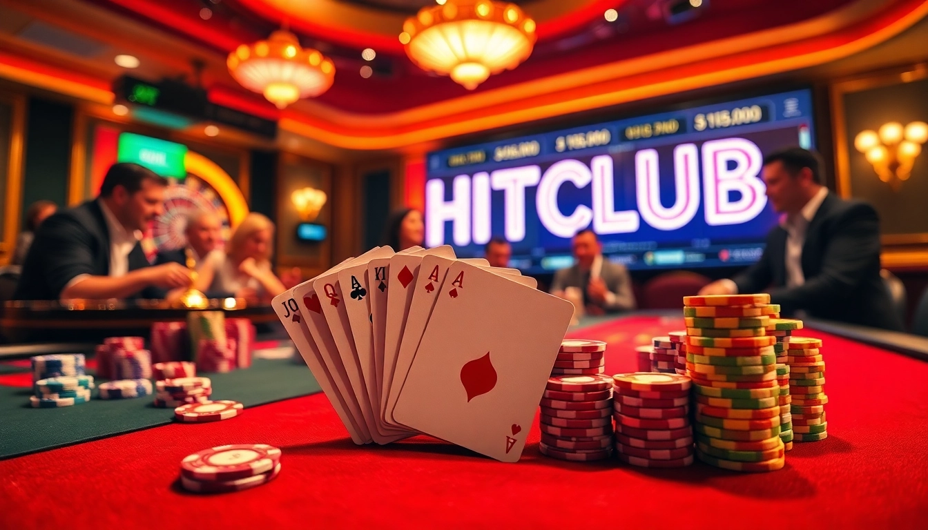 HITCLUB poker players excitedly reveal winning hands at a vibrant casino table.
